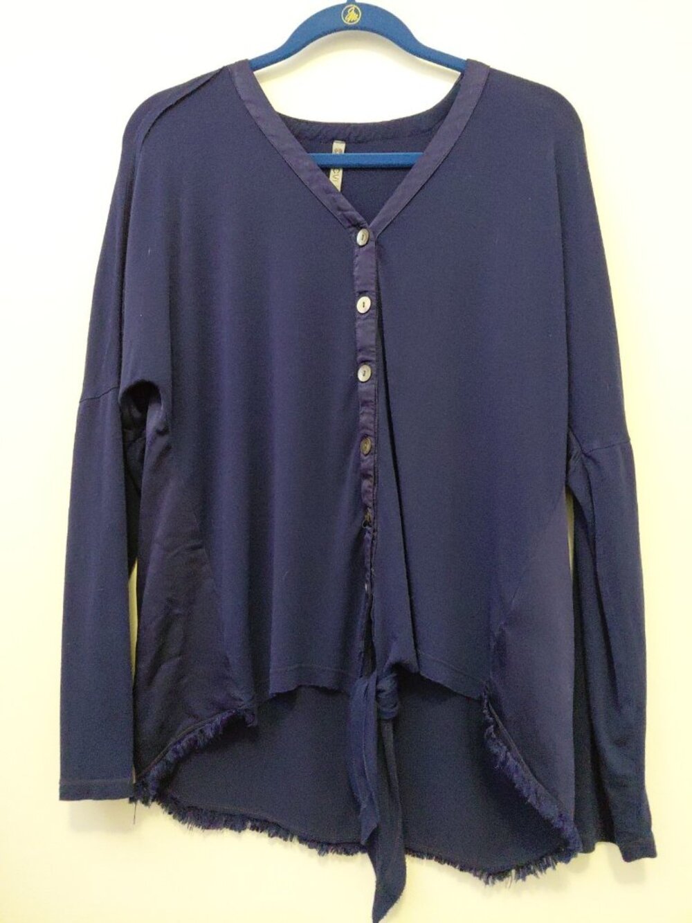XCVI Button Front Blouse Long Sleeves Asymmetrical Hem Tie Front Med Blue